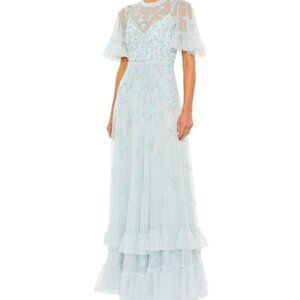 Mac Duggal Light blue sequin pearl dress, 9199 POB size 16 Flare Sleeve